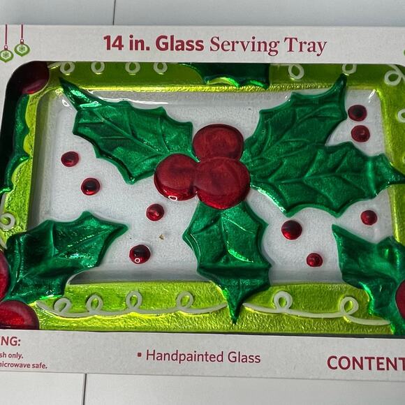 NEW Hand-Painted Glass Serving Tray Platter 14x9 Christmas Holly Leaves - Picture 1 of 8